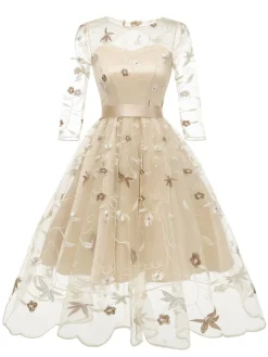 Fashion Retro Stage 3/4 Sleeve 1950s Floral Embroidery Dress