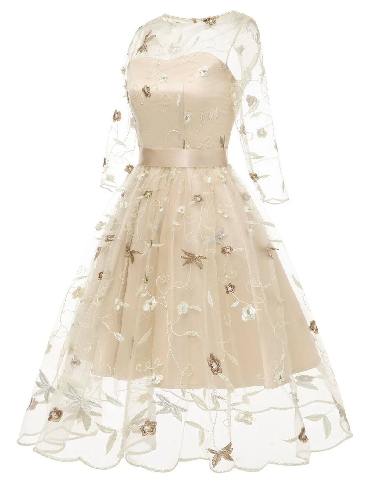 Fashion Retro Stage 3/4 Sleeve 1950s Floral Embroidery Dress