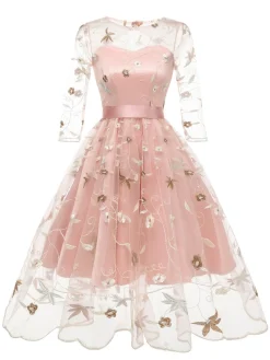 Fashion Retro Stage 3/4 Sleeve 1950s Floral Embroidery Dress