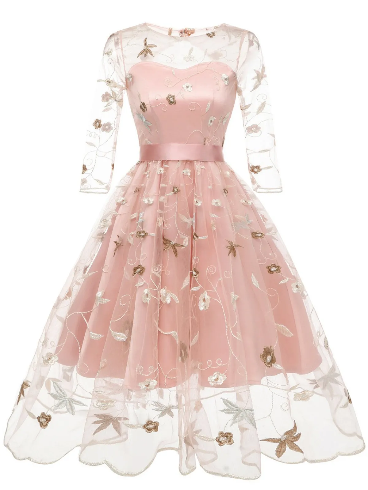 Fashion Retro Stage 3/4 Sleeve 1950s Floral Embroidery Dress
