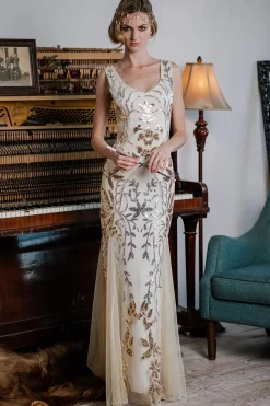 Online Retro Stage 1920s Sequin Maxi Dress Apricot