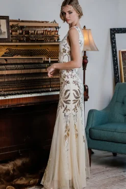 Online Retro Stage 1920s Sequin Maxi Dress Apricot