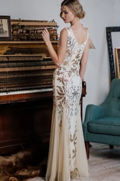 Online Retro Stage 1920s Sequin Maxi Dress Apricot