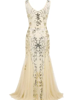 Online Retro Stage 1920s Sequin Maxi Dress Apricot