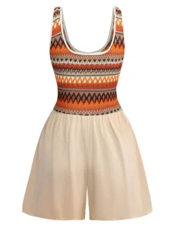 Online Retro Stage 1970s Boho Square Neck Patchwork Romper Apricot
