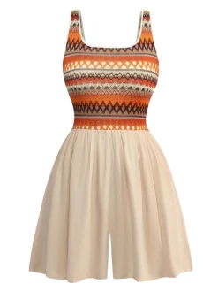 Online Retro Stage 1970s Boho Square Neck Patchwork Romper Apricot