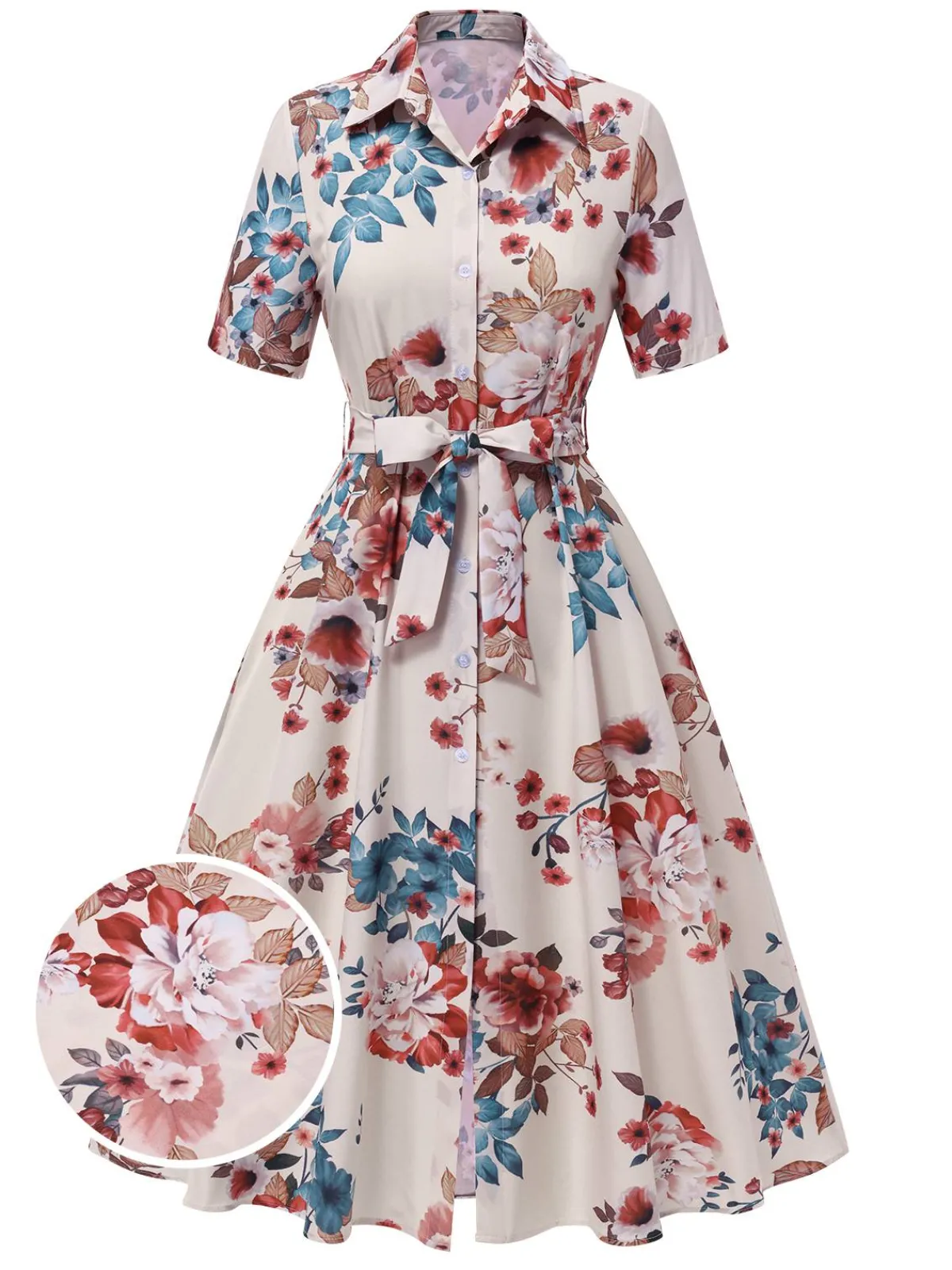 Best Retro Stage 1940s Floral Belted Lapel Dress Apricot