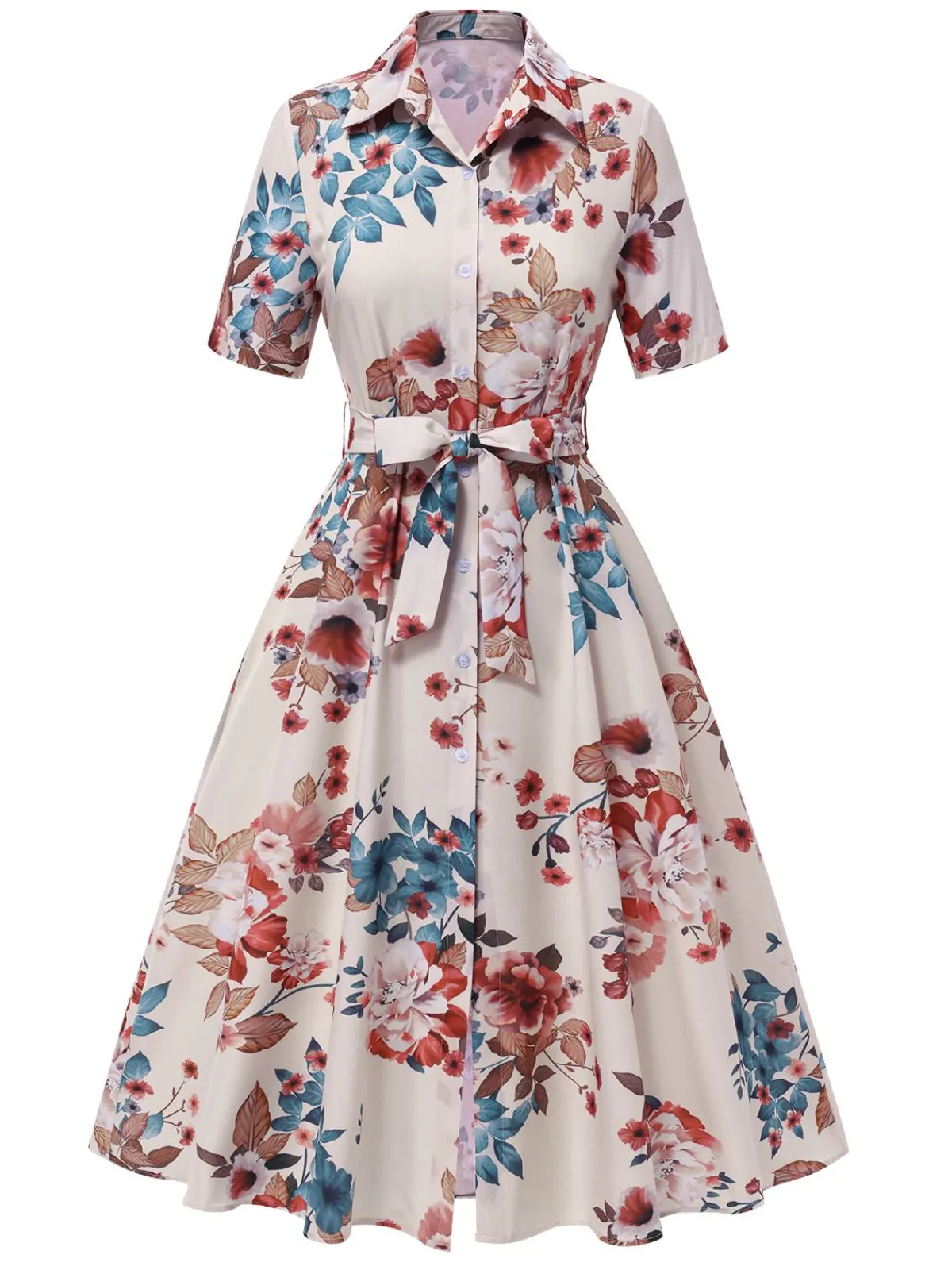Best Retro Stage 1940s Floral Belted Lapel Dress Apricot