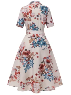 Best Retro Stage 1940s Floral Belted Lapel Dress Apricot