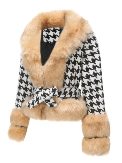 New Retro Stage 1950s Houndstooth Faux Fur Coat Apricot