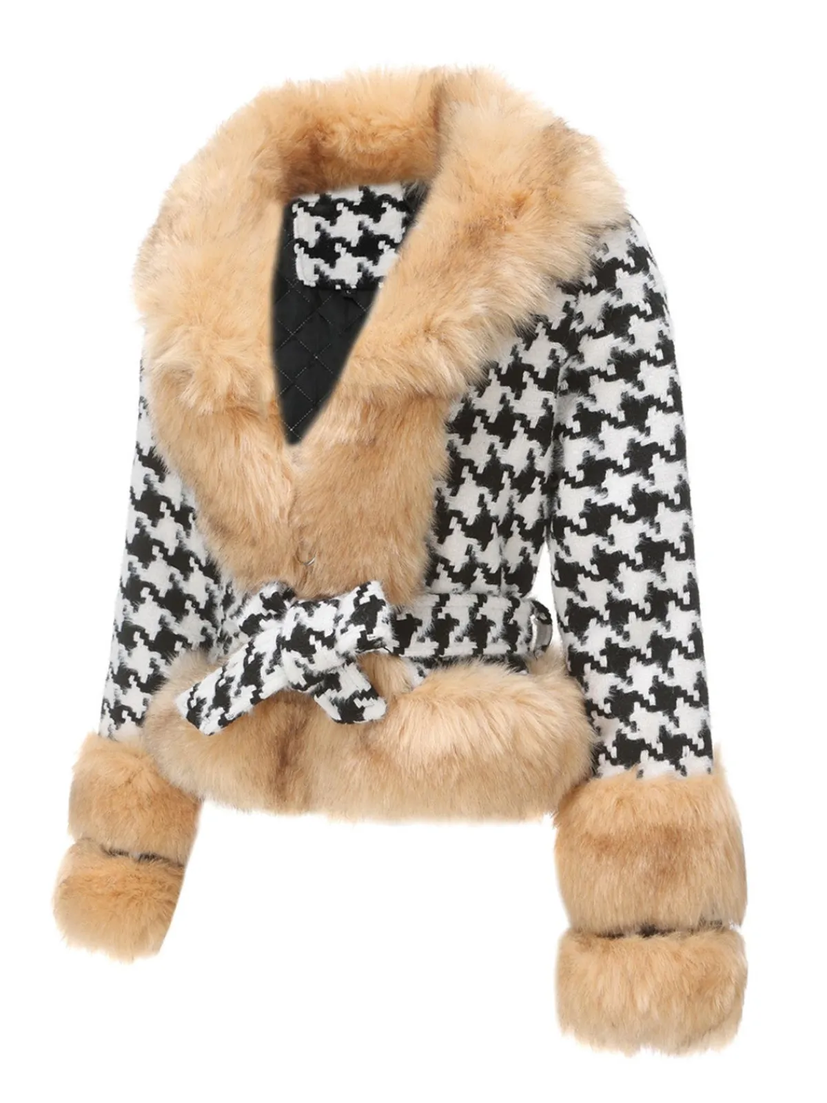New Retro Stage 1950s Houndstooth Faux Fur Coat Apricot