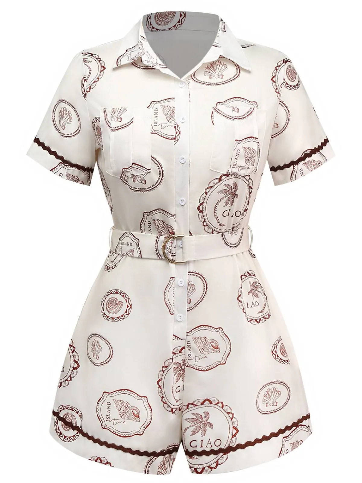 Sale Retro Stage 1950s Island Time Shell Lapel Romper Apricot