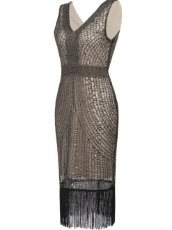 Best Retro Stage 1920s Sequin Fringe Flapper Dress Apricot