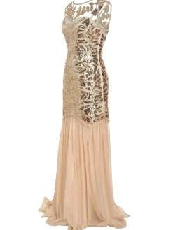 Best Retro Stage 1920s Sequin Maxi Flapper Dress Apricot