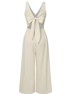 Online Retro Stage 1930s Solid Button Bow Jumpsuit Apricot