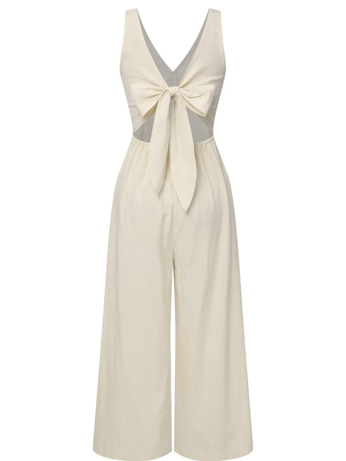 Online Retro Stage 1930s Solid Button Bow Jumpsuit Apricot