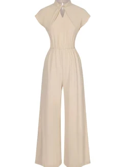 Clearance Retro Stage 1930s Solid Cutout Wide-Leg Jumpsuit Apricot