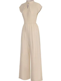 Clearance Retro Stage 1930s Solid Cutout Wide-Leg Jumpsuit Apricot