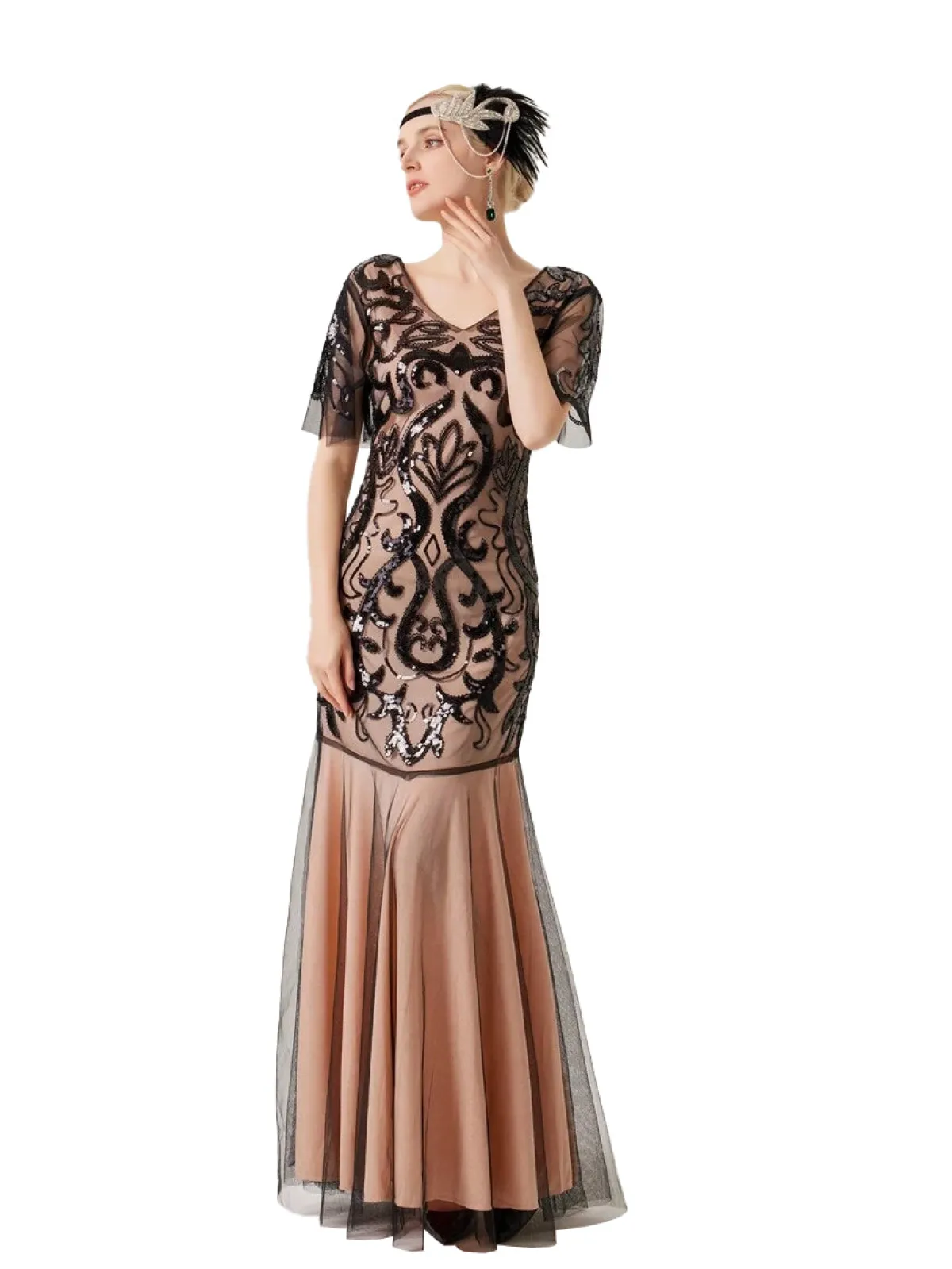 Sale Retro Stage 1920s V-Neck Sequined Mesh Evening Dress Apricot