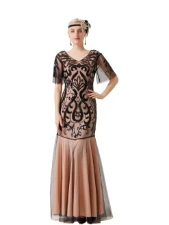 Sale Retro Stage 1920s V-Neck Sequined Mesh Evening Dress Apricot