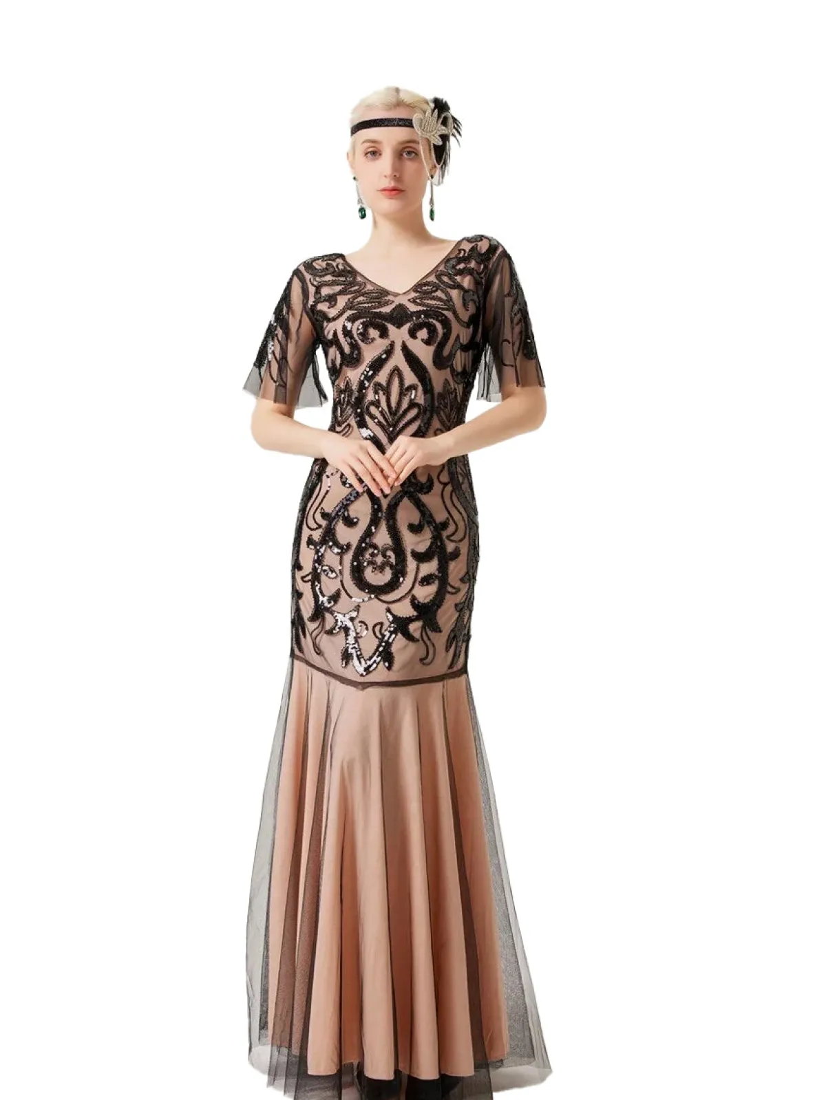 Sale Retro Stage 1920s V-Neck Sequined Mesh Evening Dress Apricot