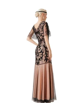 Sale Retro Stage 1920s V-Neck Sequined Mesh Evening Dress Apricot
