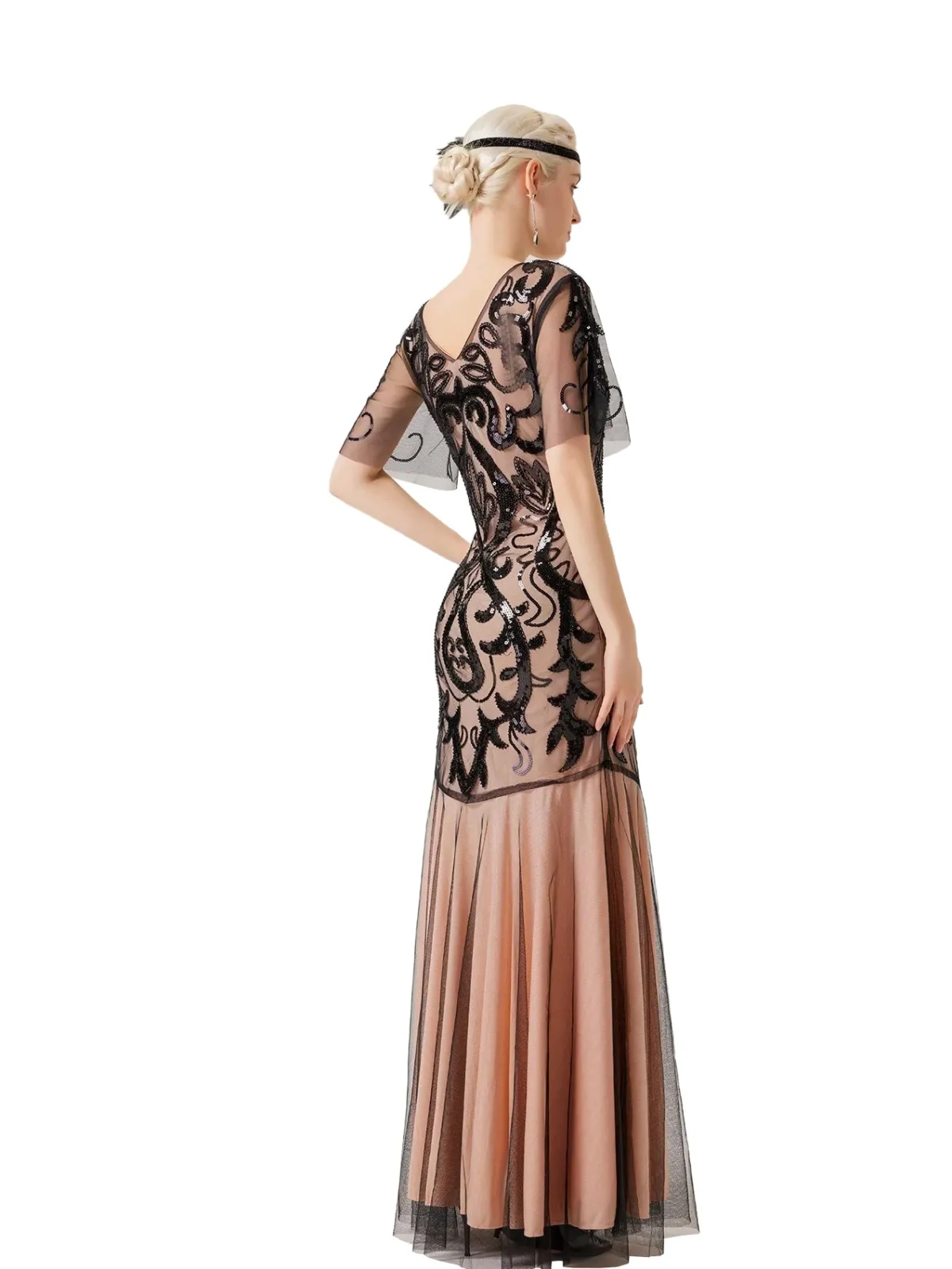 Sale Retro Stage 1920s V-Neck Sequined Mesh Evening Dress Apricot