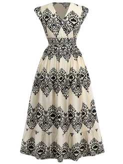 New Retro Stage 1970s V-Neck Spades Prints Cap Sleeves Dress Apricot