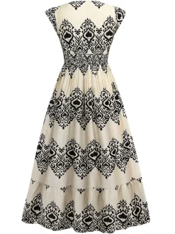 New Retro Stage 1970s V-Neck Spades Prints Cap Sleeves Dress Apricot