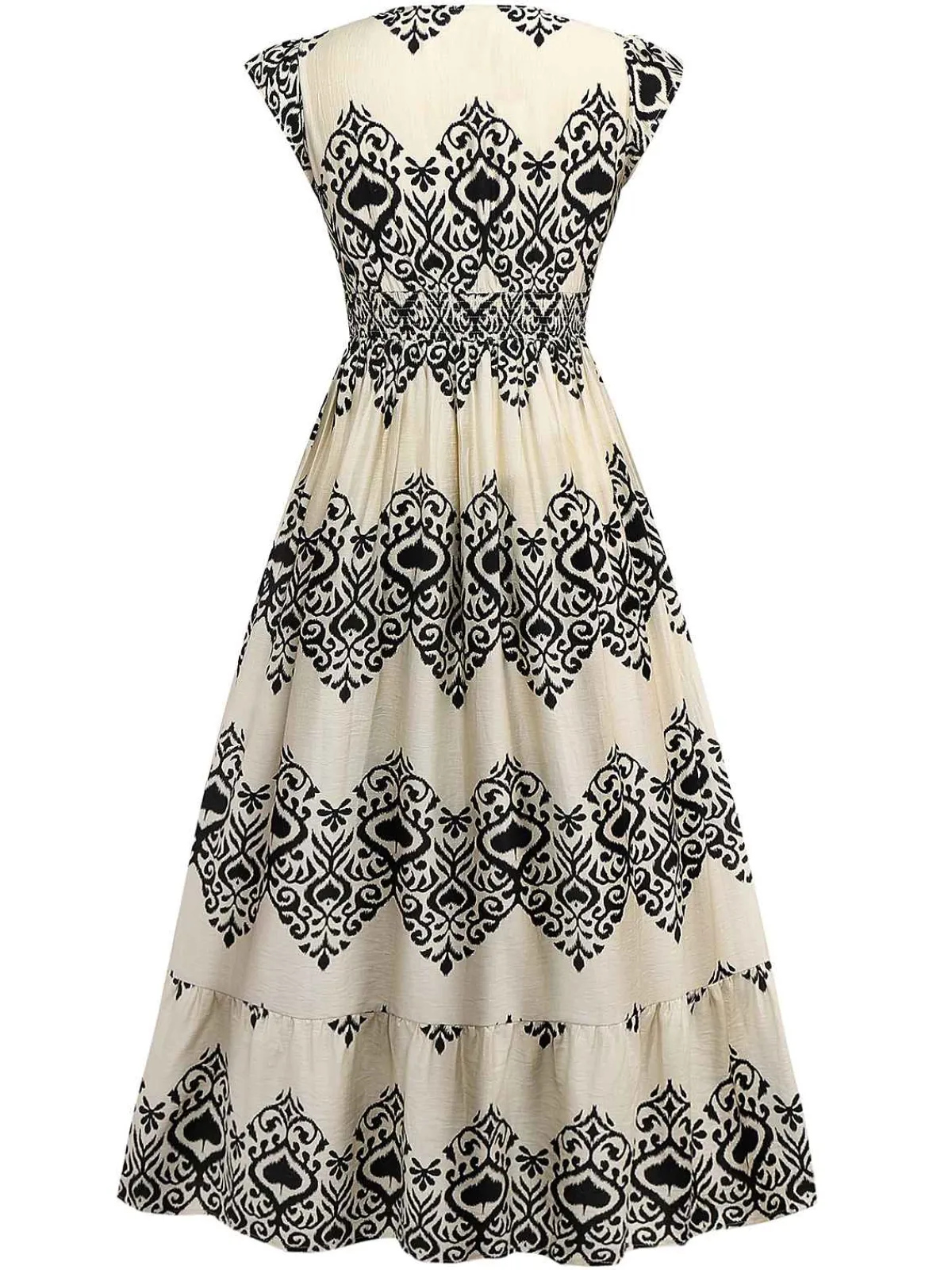 New Retro Stage 1970s V-Neck Spades Prints Cap Sleeves Dress Apricot