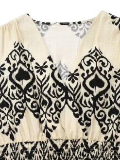New Retro Stage 1970s V-Neck Spades Prints Cap Sleeves Dress Apricot