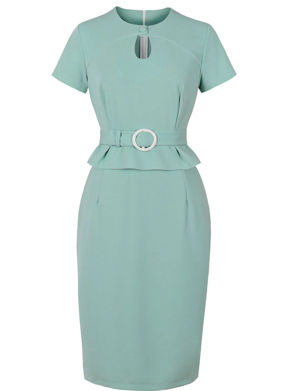 Outlet Retro Stage 1960s Solid Hole-Cut Neck Belt Dress Aqua Green