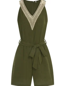 Hot Retro Stage 1950s Lace V-Neck Patchwork Romper Army Green