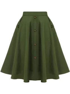 Fashion Retro Stage 1950s Pocket Buttoned Skirt Army Green