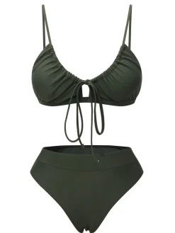Discount Retro Stage 1950s Solid Drawstring Halter Bikini Army Green