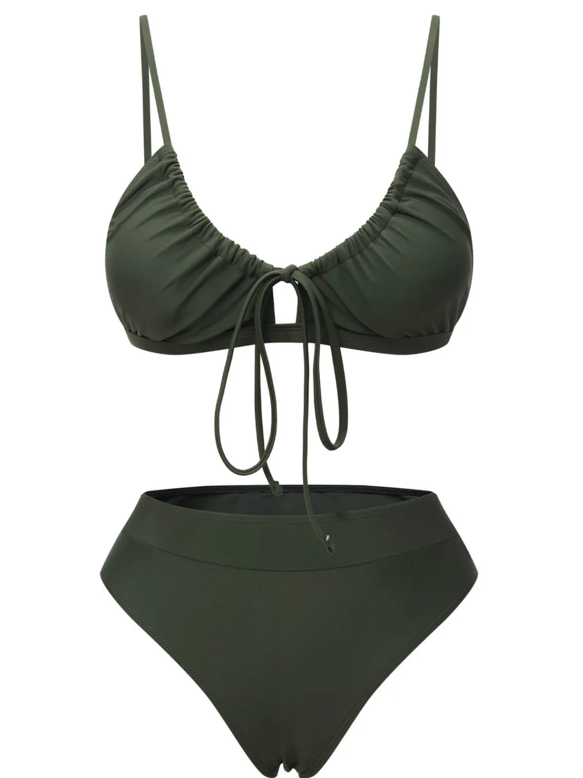 Discount Retro Stage 1950s Solid Drawstring Halter Bikini Army Green