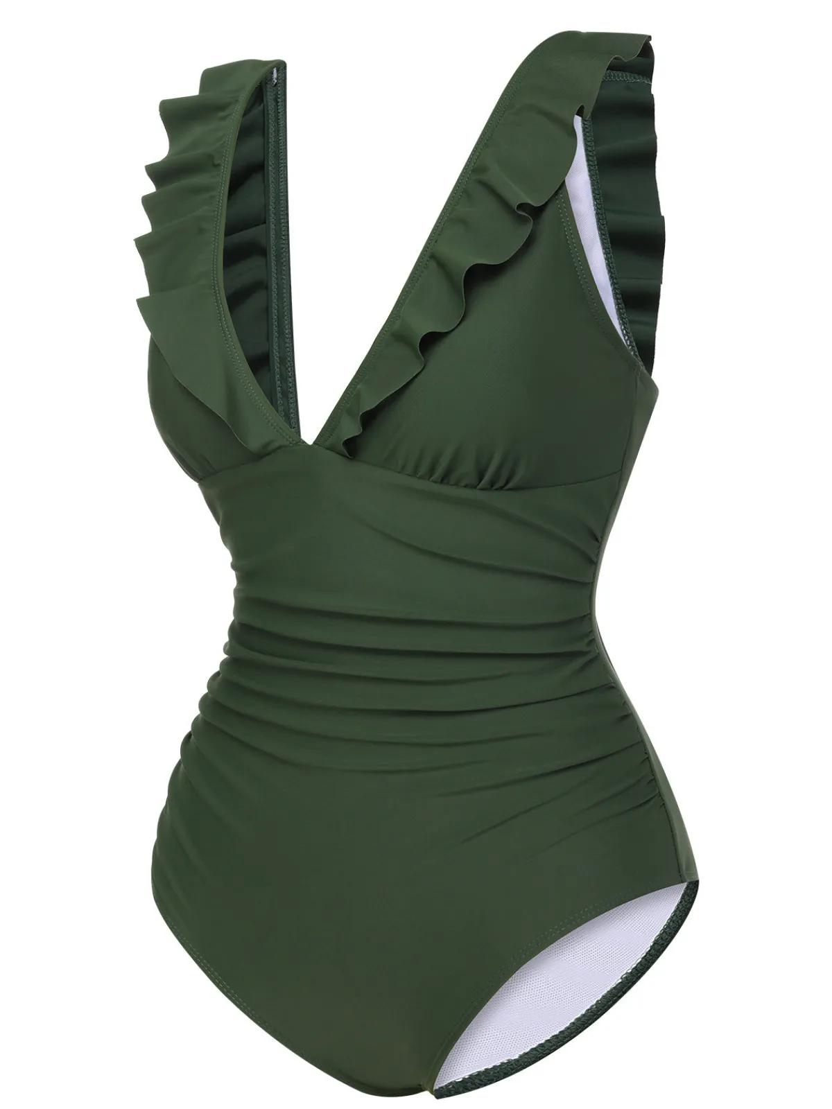 New Retro Stage 1950s Solid Ruffles V-Neck Swimsuit Army Green