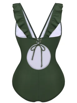 New Retro Stage 1950s Solid Ruffles V-Neck Swimsuit Army Green