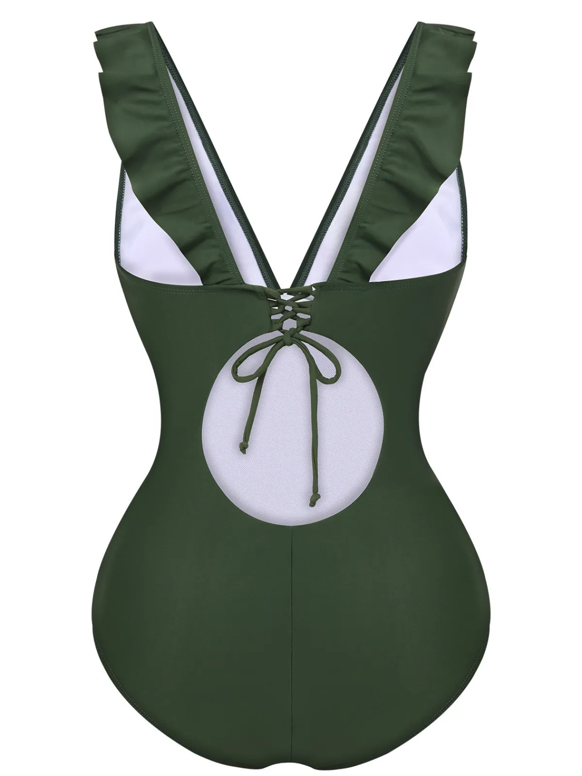 New Retro Stage 1950s Solid Ruffles V-Neck Swimsuit Army Green