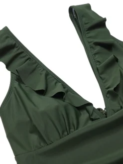 New Retro Stage 1950s Solid Ruffles V-Neck Swimsuit Army Green