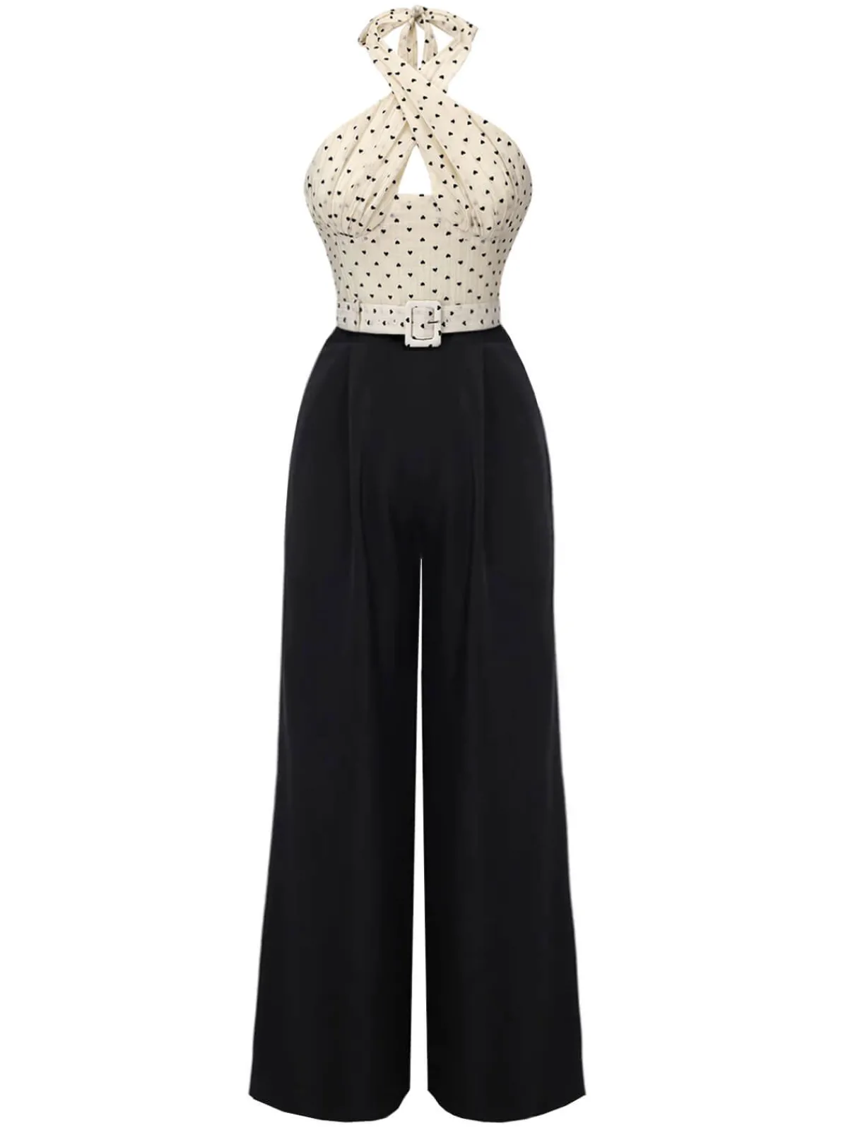Clearance Retro Stage 1950s Heart Dots Halter Jumpsuit Beige & Black