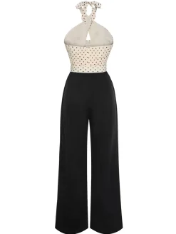 Clearance Retro Stage 1950s Heart Dots Halter Jumpsuit Beige & Black