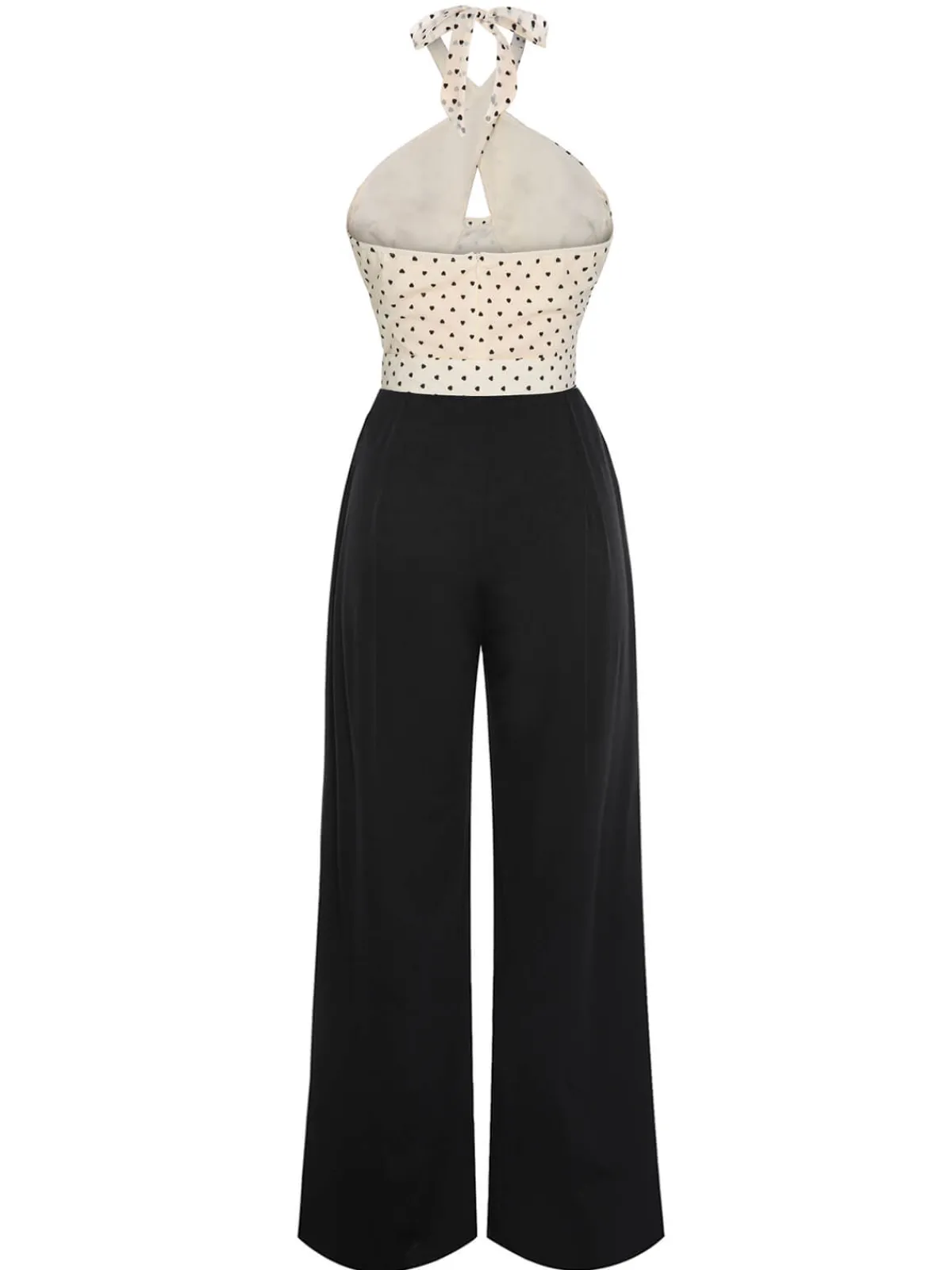Clearance Retro Stage 1950s Heart Dots Halter Jumpsuit Beige & Black