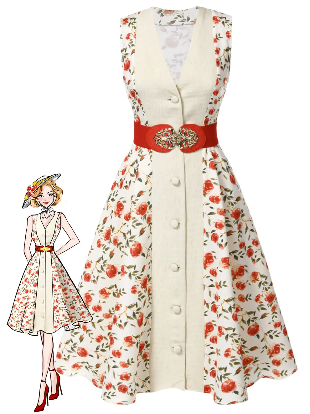 Best Retro Stage 1950s Painting Roses Belted Dress Beige & Red