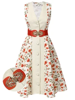Best Retro Stage 1950s Painting Roses Belted Dress Beige & Red