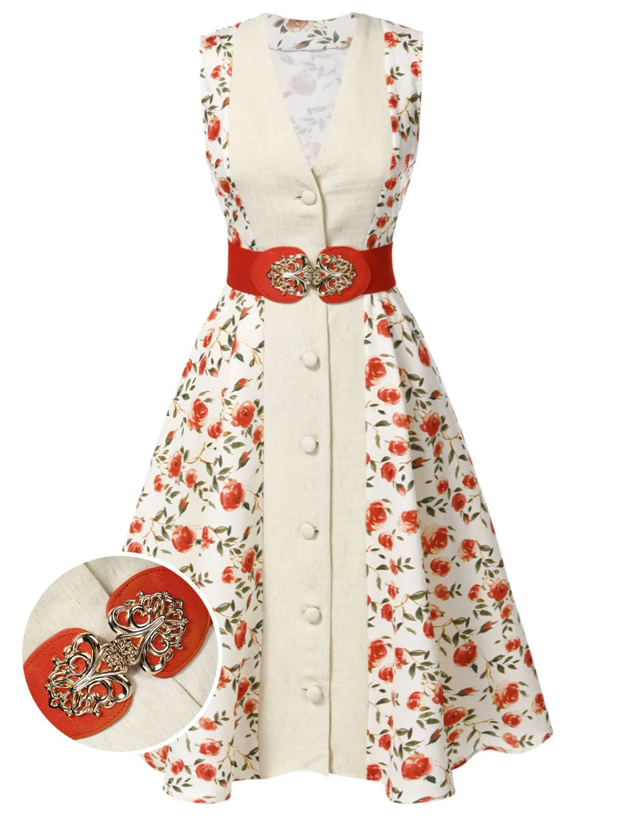 Best Retro Stage 1950s Painting Roses Belted Dress Beige & Red