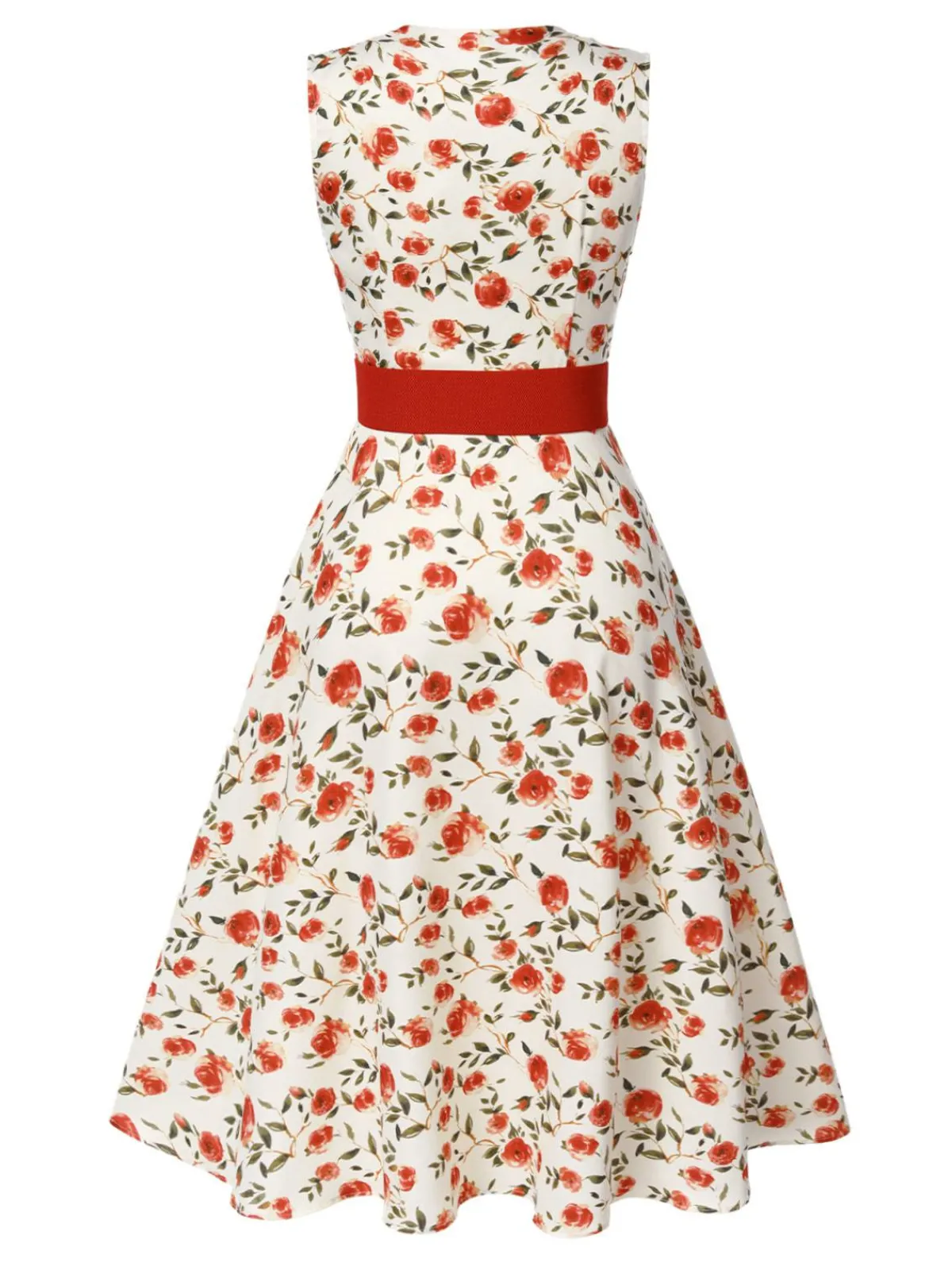 Best Retro Stage 1950s Painting Roses Belted Dress Beige & Red