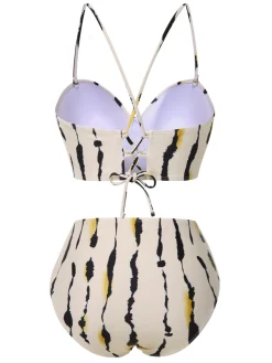 Online Retro Stage 1950s Back Cross Straps Ink Splash Swimsuit Beige