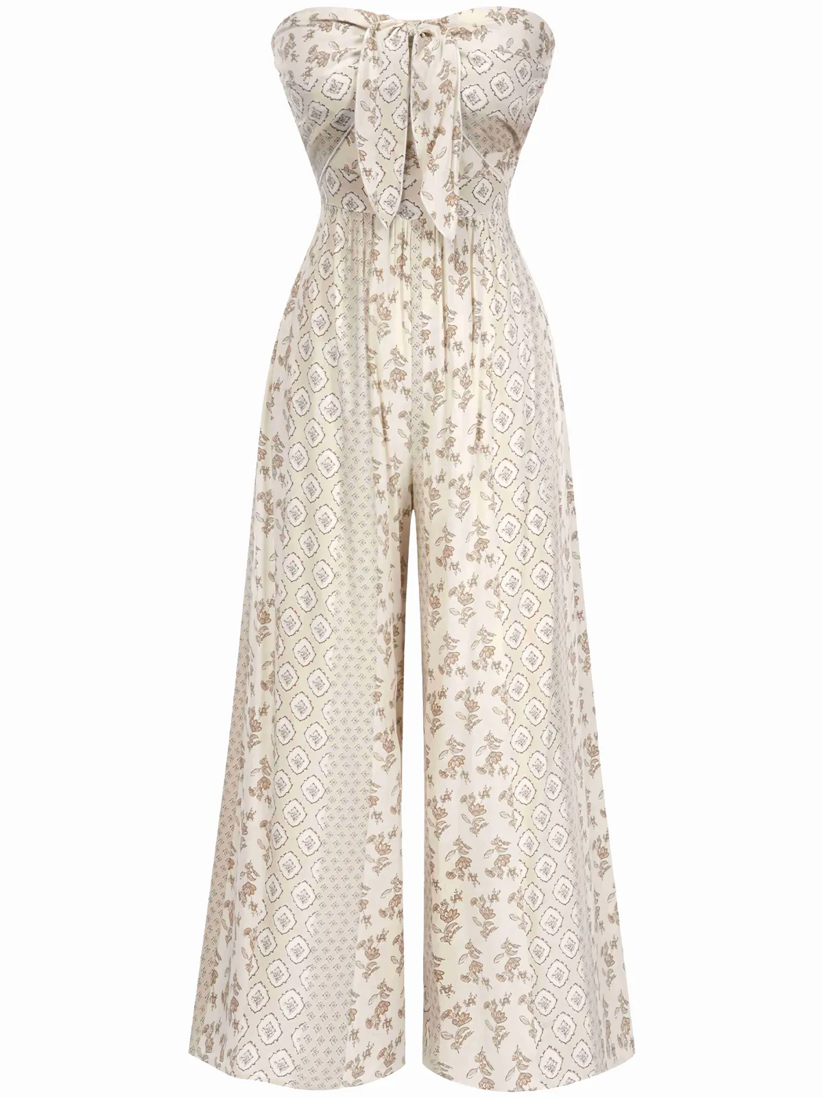 New Retro Stage 1970s Bandeau Bow Floral Bohemian Jumpsuit Beige