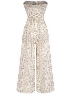 New Retro Stage 1970s Bandeau Bow Floral Bohemian Jumpsuit Beige